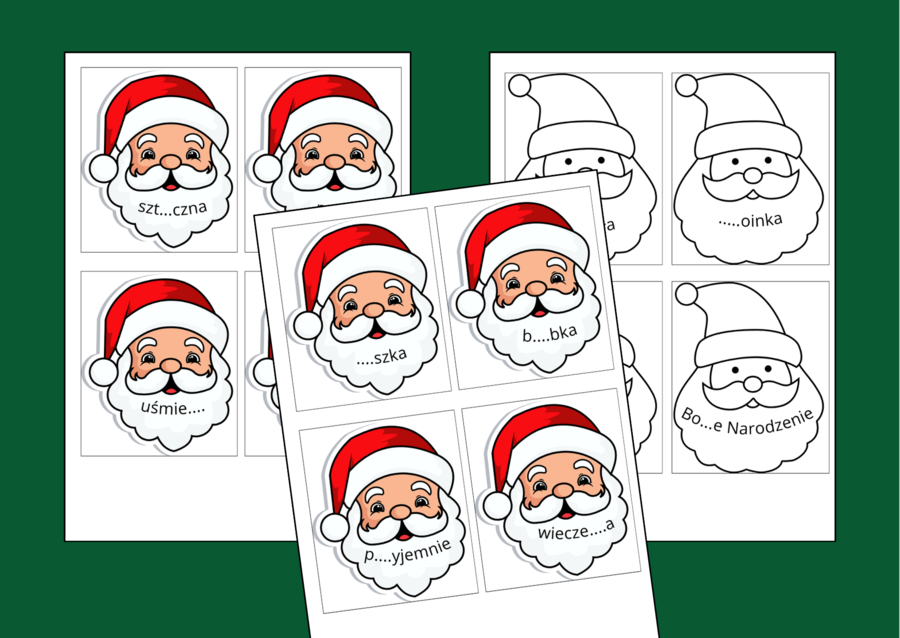 BOŻE NARODZENIE - mikołajki - ORTOGRAFIA - fiszki - karta pracy - karty pracy - zima - wklejki - 32 fiszki