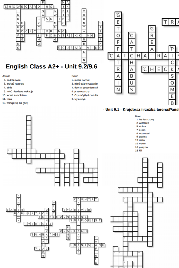English Class A2+ – Unit 9 – krzyżówki – Krajobraz i rzeźba terenu_Państwa/Aktywności na świeżym powietrzu_Sprzęt sportowy/Out of class/9.7