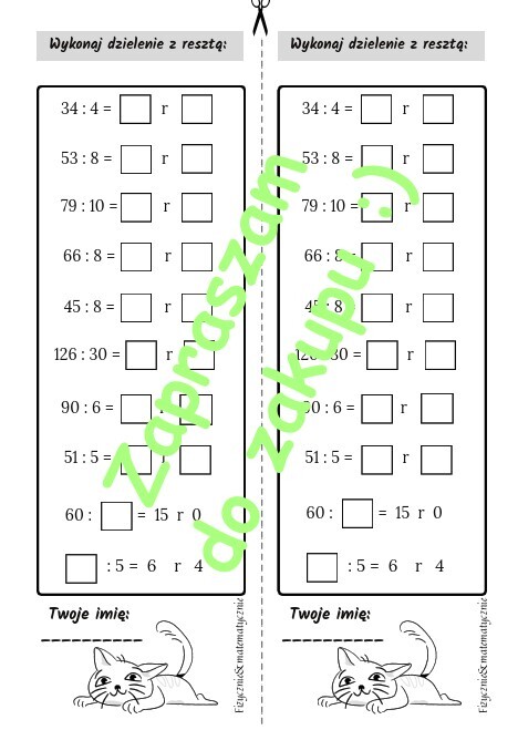 Dzielenie z resztą - szybka kartkówka (klasa 4-5)