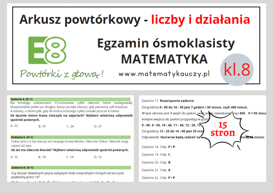 ARKUSZ POWTÓRKOWY kl.8 - LICZBY i DZIAŁANIA + odpowiedzi / Wymagania na 2025 rok