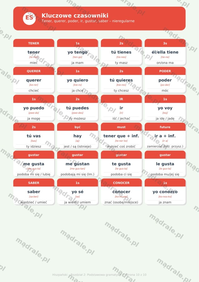 FISZKI "JĘZYK HISZPAŃSKI – ROZDZIAŁ 2: PODSTAWOWA GRAMATYKA" KARTA PRACY