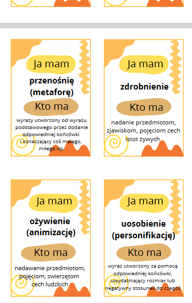 Ja mam, kto ma - ŚRODKI STYLISTYCZNE, POETYCKIE - gra dydaktyczna