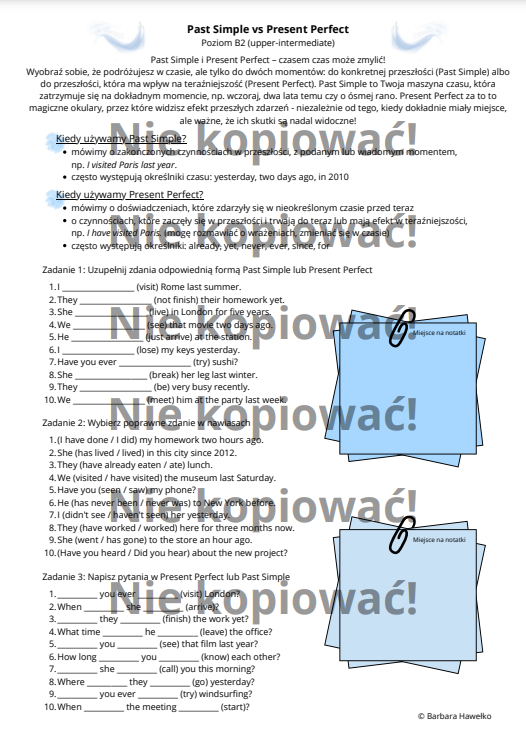 Karta Pracy Past Simple & Present Perfect B1/B2