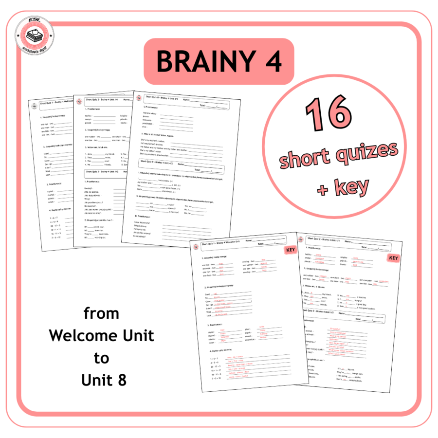Brainy 4 - kartkówki od działu Welcome Unit do działu 8