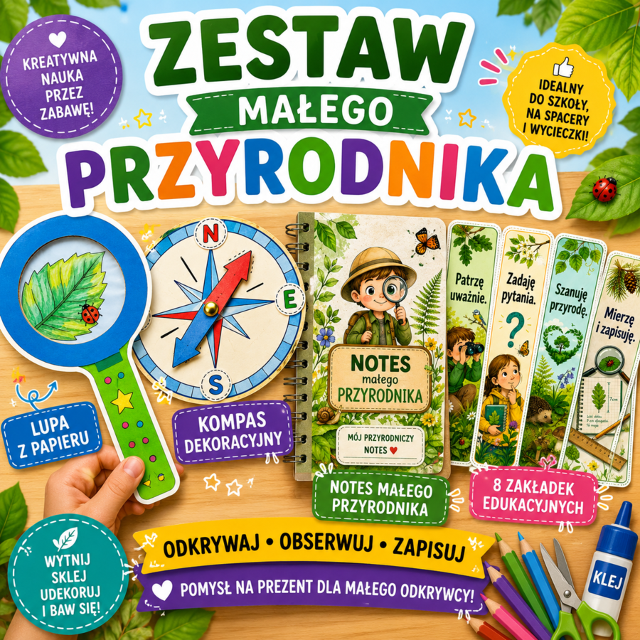 Lupa z papieru. Kompas dekoracyjny. Notes przyrodnika. Zakładki.