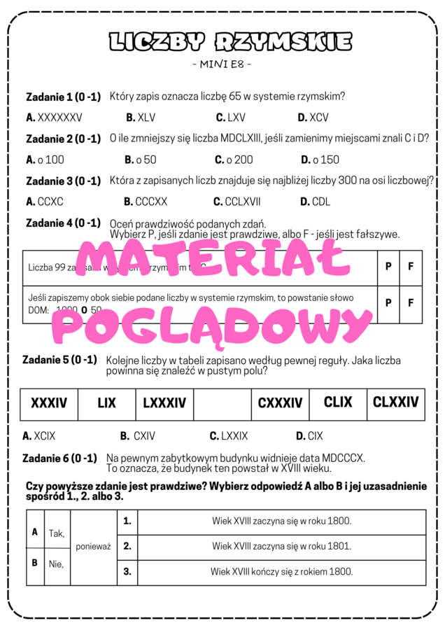 Liczby rzymskie - karta pracy. Egzamin ósmoklasisty.