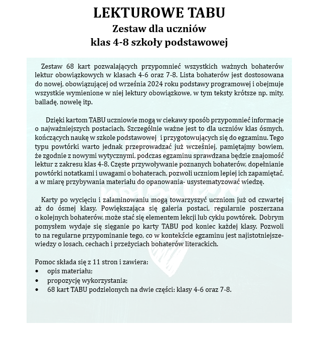 LEKTUROWE TABU- ZESTAW 68 KART DLA UCZNIÓW KLAS 4-8