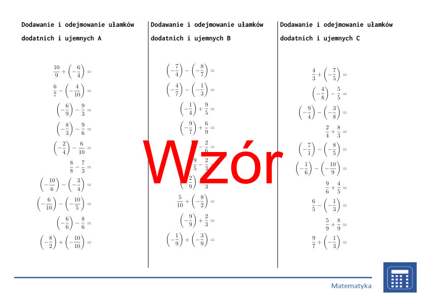 Dodawanie i odejmowanie ułamków dodatnich i ujemnych | matematyka | 26 kolumn