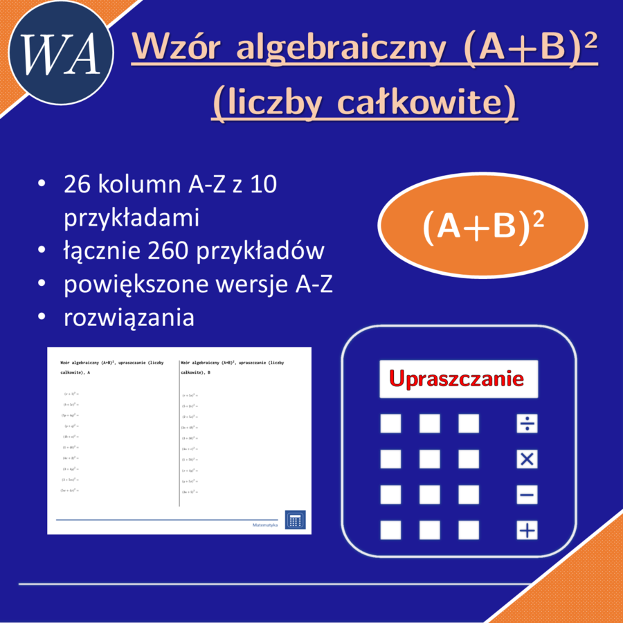 Wzór algebraiczny (A+B)^2, upraszczanie (liczby całkowite) | matematyka, algebra | 26 kolumn