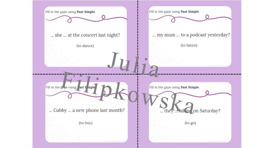 Past Simple/ Karty do mówienia/ Mówienie/ Speaking/ Konwersacje/ Klasy 4-8/ Klasy 4-6/ Klasy 6-8/ SP/ Warm-up/ Rozgrzewka/ Speaking cards/ Gramatyka/ Grammar/ Speaking cards grammar/ Grammar cards/ E8