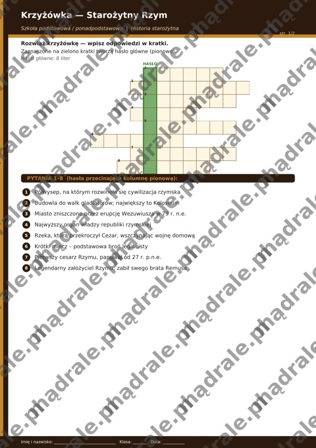 KRZYŻÓWKA "STAROŻYTNY RZYM" KARTA PRACY + KLUCZ ODPOWIEDZI