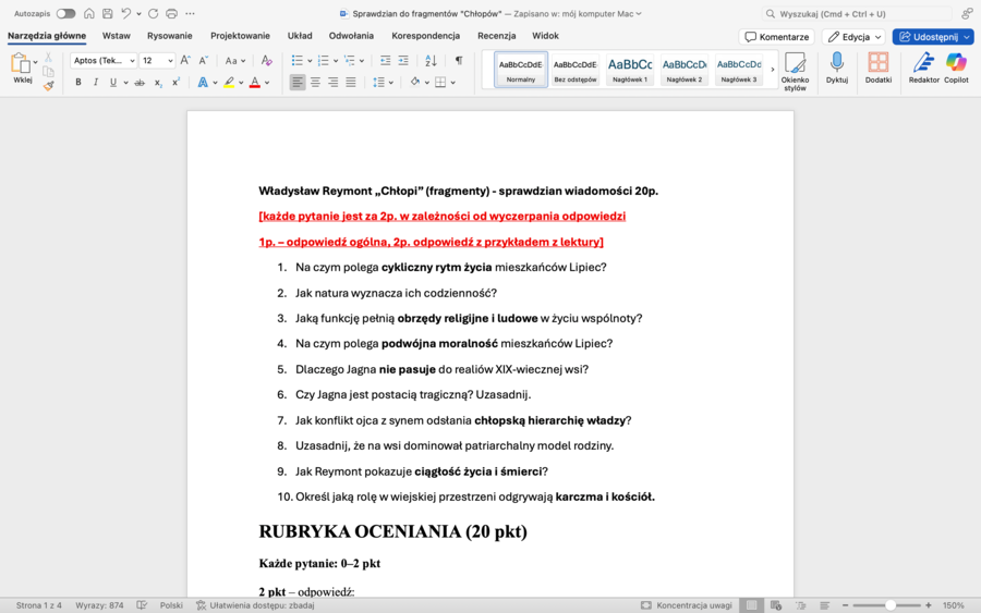 Władysław Reymont "Chłopi" - sprawdzian wiadomości z kluczem