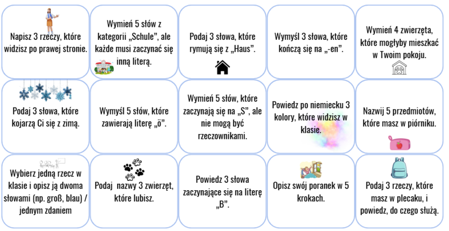 Zadania na rozgrzewkę - mówienie, pisanie - j. niemiecki
