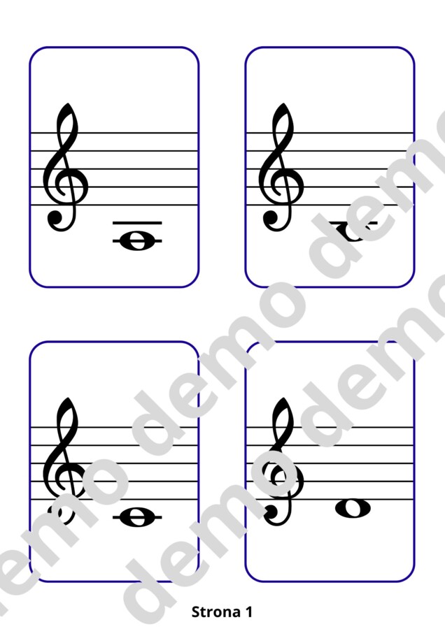 Muzyka, nauka nut. Kart/fiszki nazwy dźwięków w kluczu wiolinowym.  51 nut (w tym krzyżyki i bemole).