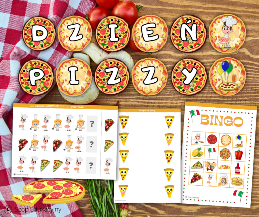 Dzień Pizzy. Girlanda. Zadania. Dyplom. Przypinki. Bingo