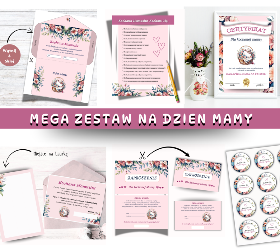 Zestaw na Dzień Mamy : Zaproszenie na dzień Mamy, Kartki na dzień mamy, Certyfikat dla Mamy, Kotyliony dla Mamy ❤️