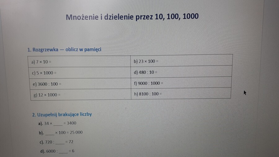 Mnożenie i dzielenie przez 10, 100, 100 - karta pracy