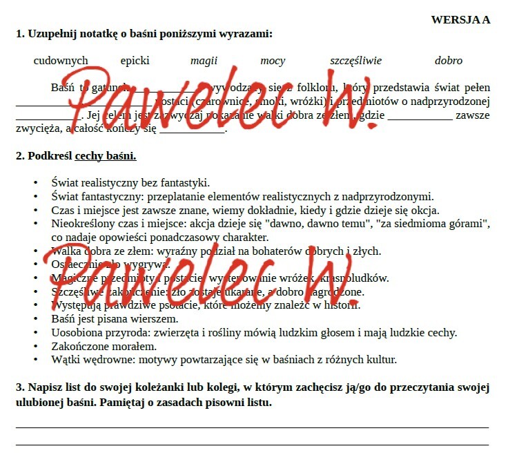 BAŚŃ  + LIST - karta pracy: definicja i cechy baśni, pisanie listu, kl. 4, kl. 5