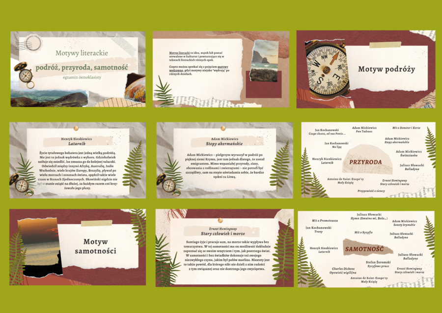 MOTYWY LITERACKIE - podróż, przyroda i samotność - prezentacja – 39 slajdów – lektury kl.7-8 i nie tylko – egzamin – powtórzenie Materiał cyfrowy