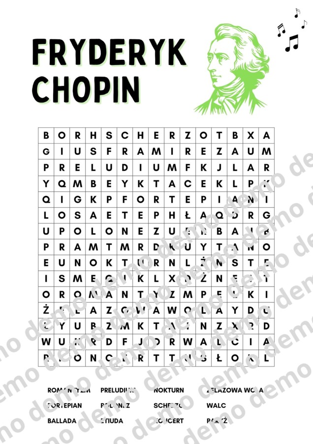 Muzyka, klasa 4-5 Fryderyk Chopin. Karta pracy: wykreślanka.