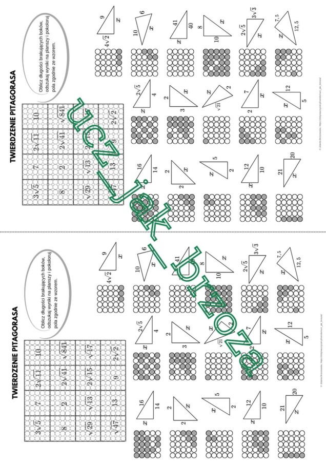Twierdzenie Pitagorasa, karta pracy - kodowanie, klasa 7 i 8, edukacja domowa