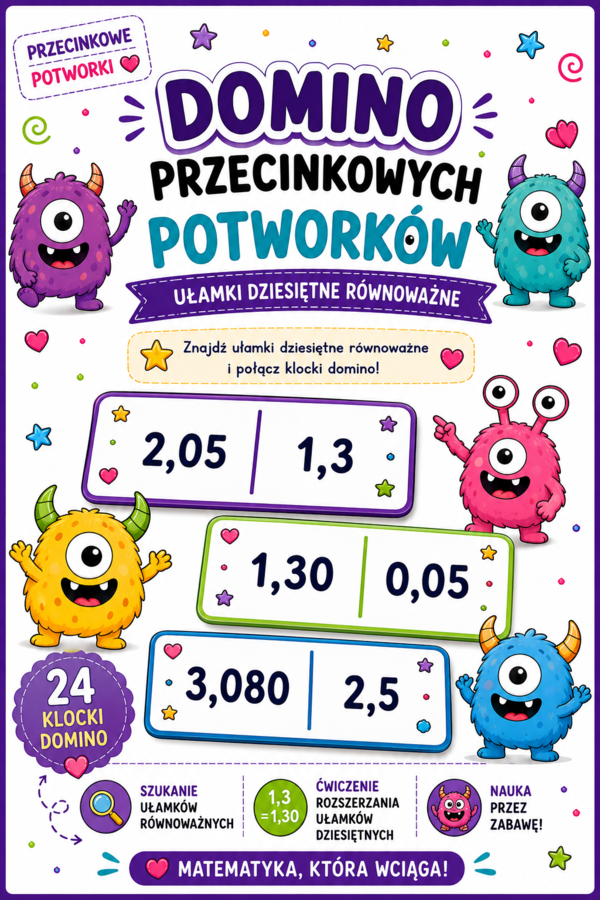 👾 Domino Przecinkowych Potworków | Ułamki dziesiętne równoważne | Klasy 4–5