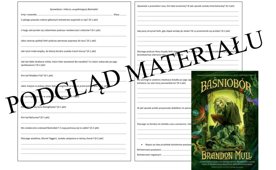 Sprawdzian otwarty ,,Baśniobór", lektura uzupełniająca + klucz odpowiedzi