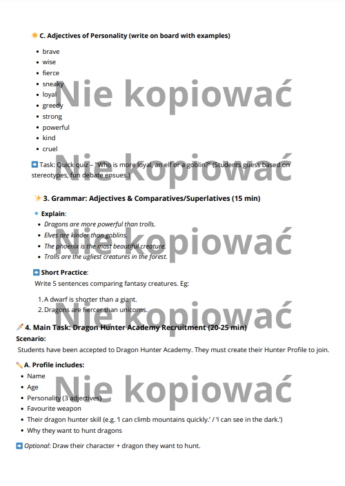 Dragon Hunter Academy: karta pracy + scenariusz lekcji A2+/B1