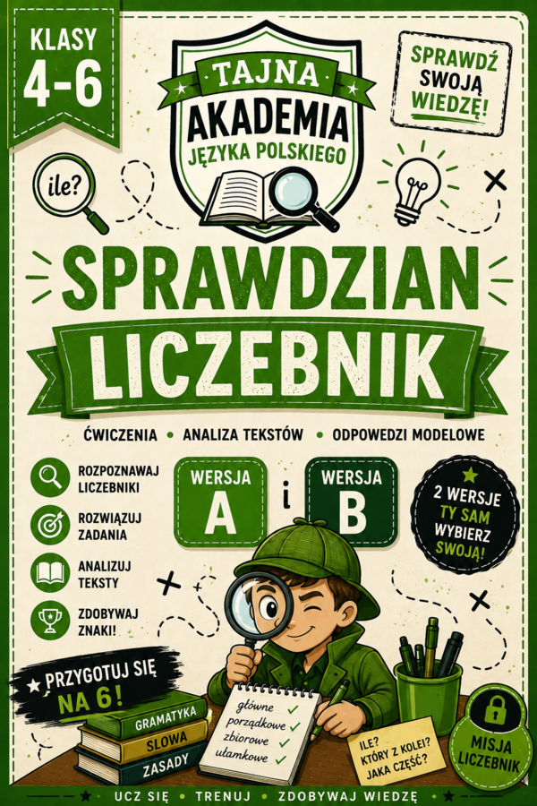 Liczebnik – sprawdziany kl. 4–6 | wersja A i B + odpowiedzi modelowe