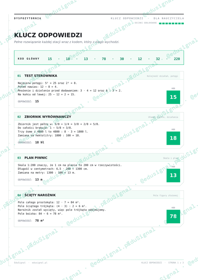 Powtórka przed E8 matematyka— stacje matematyczne, klasa 8, początek roku  (materiał klas 4–7 + klucz)