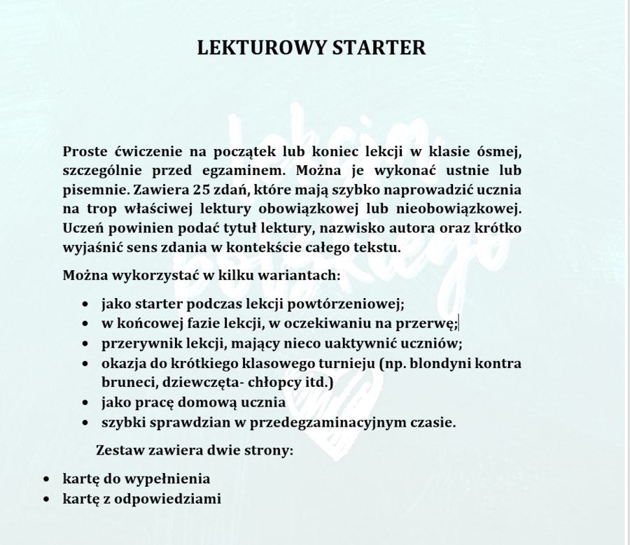 LEKTUROWY STARTER - ĆWICZENIE NA POCZĄTEK LUB KONIEC LEKCJI W KLASIE ÓSMEJ PRZED EGZAMINEM