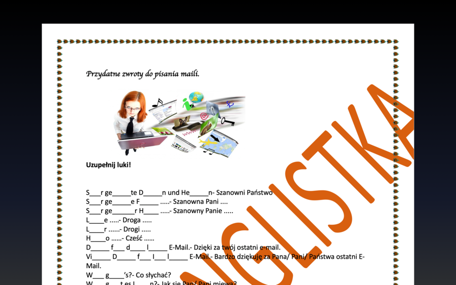 Przydatne zwroty do pisania e-maili- ćwiczenie z lukami- j. niemiecki egzamin ósmoklasisty/ matura +klucz