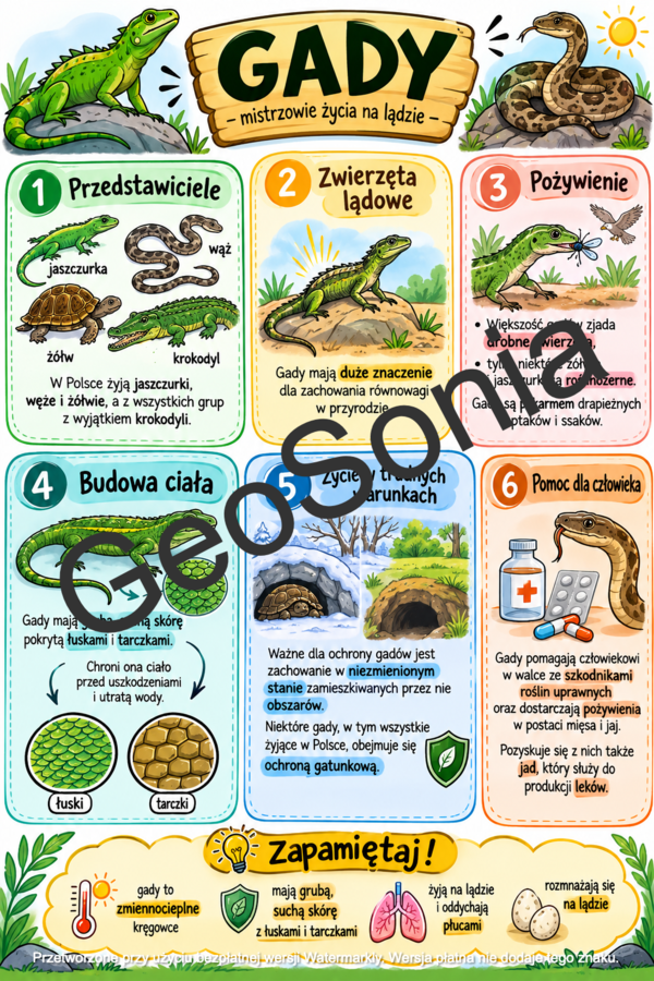 Przegląd i znaczenie gadów  biologia klasa 6 sketchnotka