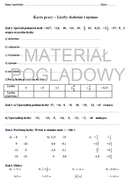 Kartka pracy - liczby wymierne (dodatnie i ujemne)