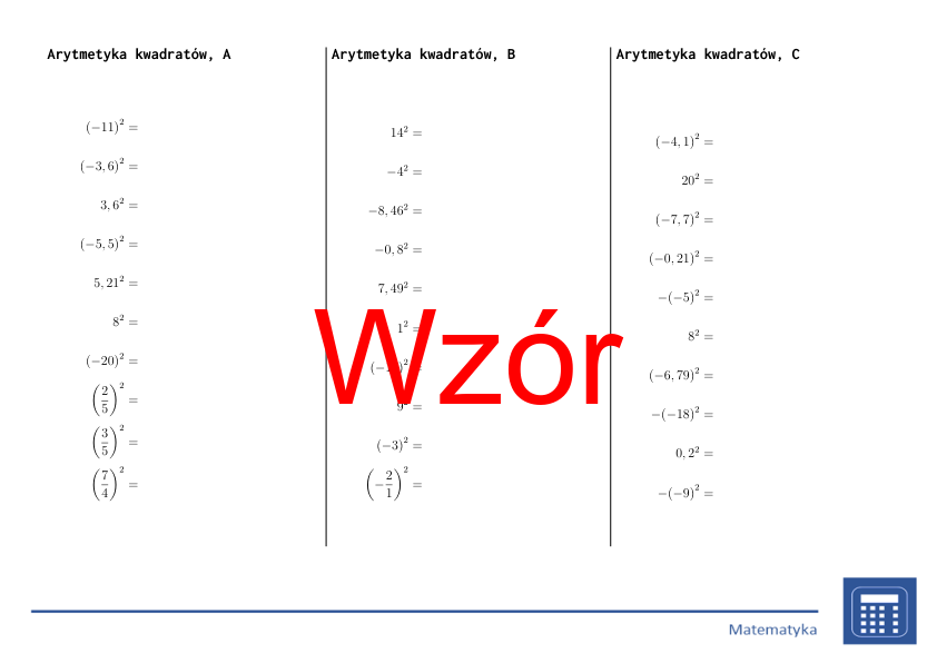 Arytmetyka kwadratów | matematyka | 26 kolumn