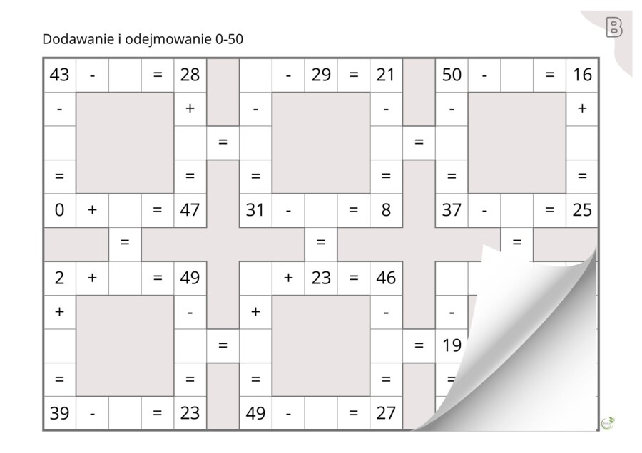 Liczby niewiadome w matematycznych krzyżówkach, dodawanie i odejmowanie w zakresie 0-99