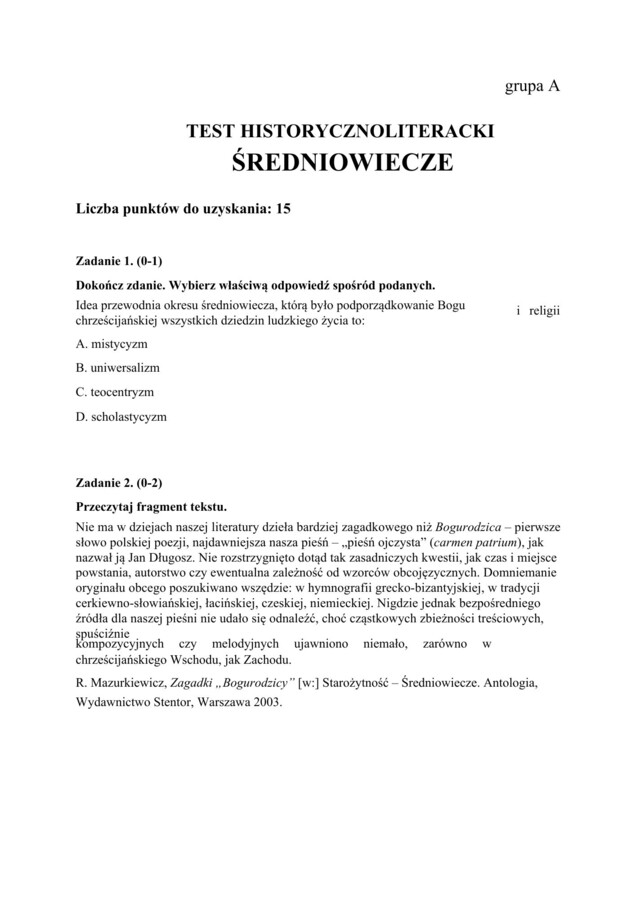 📃Test historycznoliteracki – język polski – matura Średniowiecze