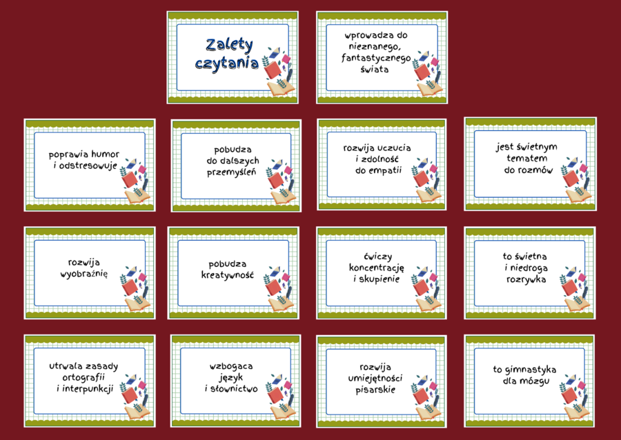 ZALETY CZYTANIA KSIĄŻEK – gazetka – biblioteka – świetlica – język polski – 14 stron – wersja 6