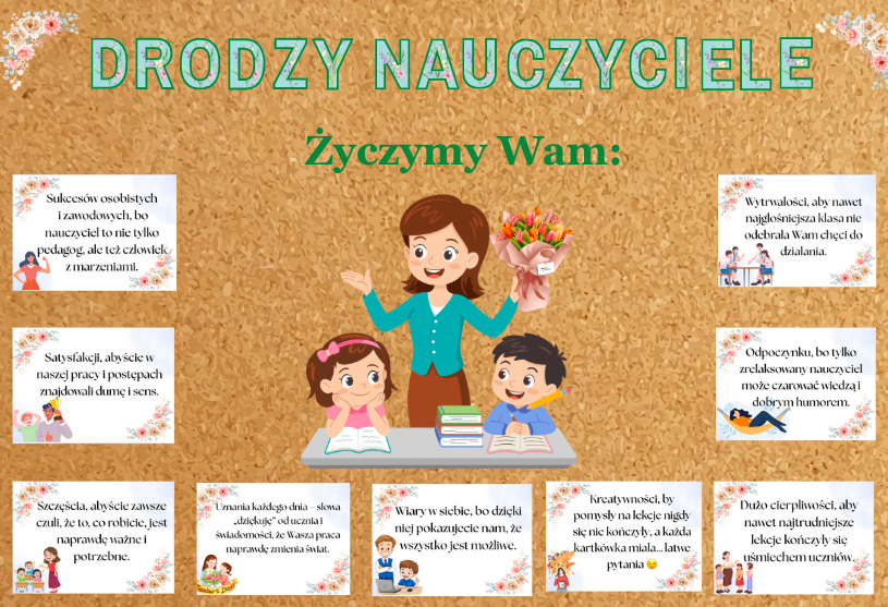 Gazetka z życzeniami na Dzień Nauczyciela| Zestaw zawiera duży plakat| Format A 4 i mniejszy