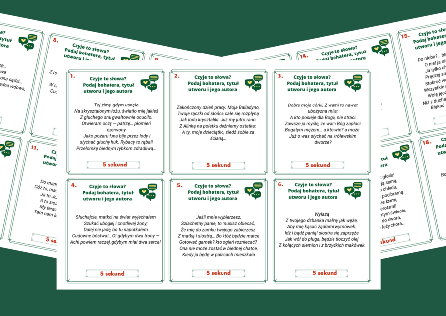 CZYJE TO SŁOWA? – 72 cytaty – LEKTURY OBOWIĄZKOWE – egzamin – kl.7-8 – gra „5 sekund” + ODPOWIEDZI - powtórka