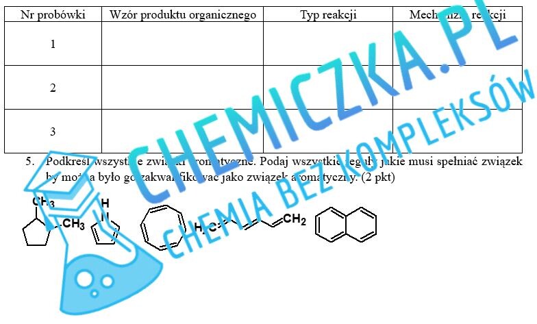 Węglowodory aromatyczne, kartkówka gr. A i B, karty pracy z odpowiedziami i schematem oceny