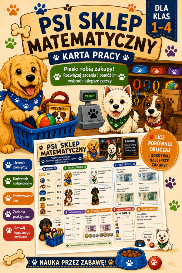 🛒🐶 „Psi sklep matematyczny – karta pracy z pieniędzmi | klasy 1–4”