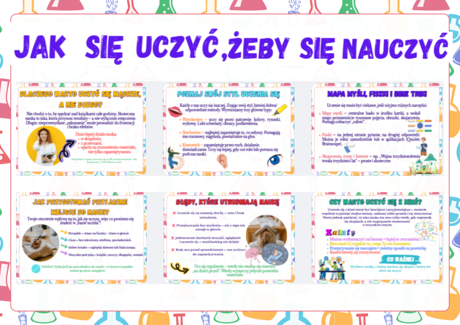 Gazetka szkolna- Jak się uczyć, żeby się nauczyć?- Napis + 9 kolorowych kart A4- całoroczna