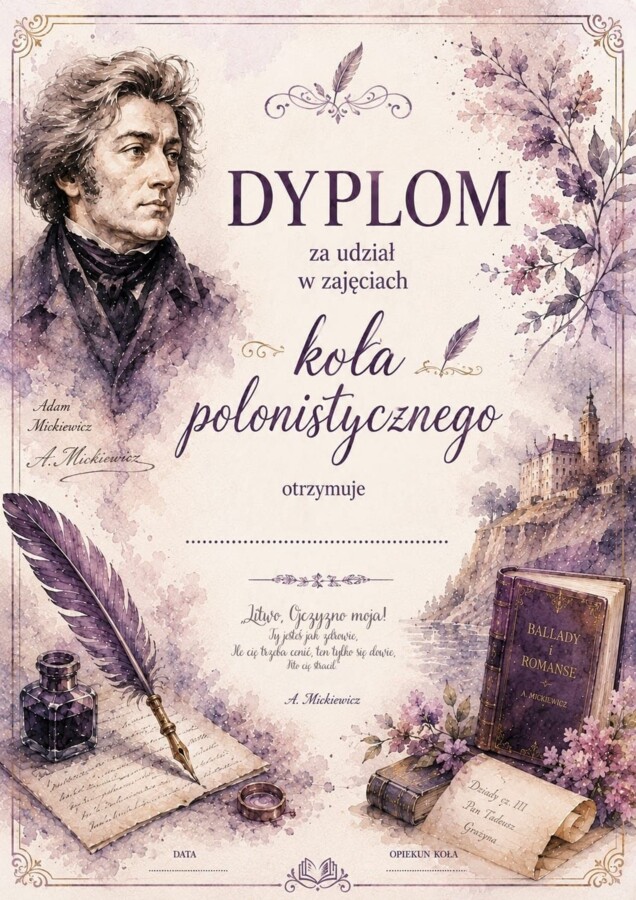 Dyplom za uczestnictwo w zajęciach polonistycznych/ koła polonistycznego