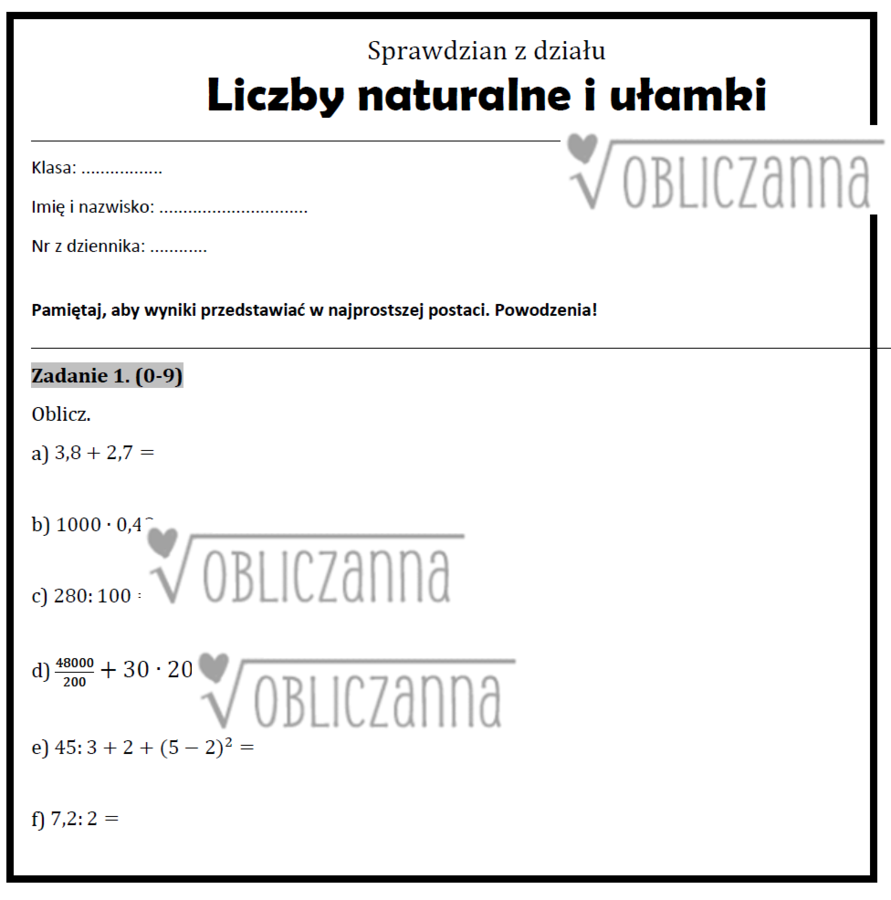 Sprawdzian z Liczb naturalnych i ułamków | Klasa VI