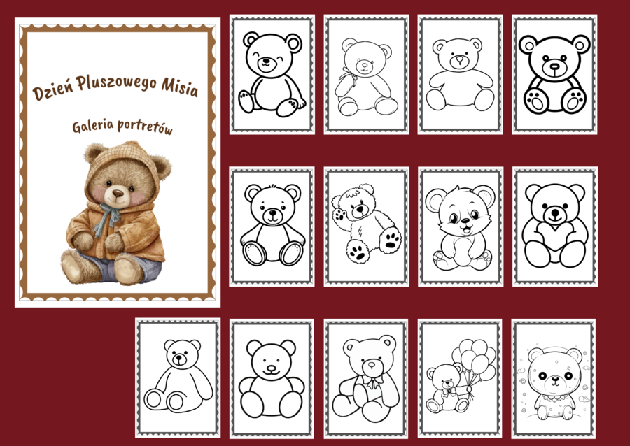 DZIEŃ PLUSZOWEGO MISIA – Galeria portretów - kolorowanka - kolorowanki – biblioteka – świetlica – przedszkole – 24 wersje