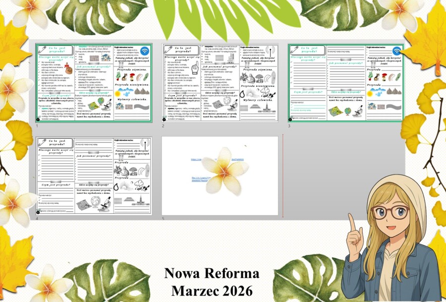 Mały zestaw na jedną lekcję: sketchnotka/notatka, karta pracy plus gratisowa prezentacja multimedialna „Co to jest przyroda?” w pdf. Przyroda. Klasa 4. Dział „Spotkanie z przyrodą".
