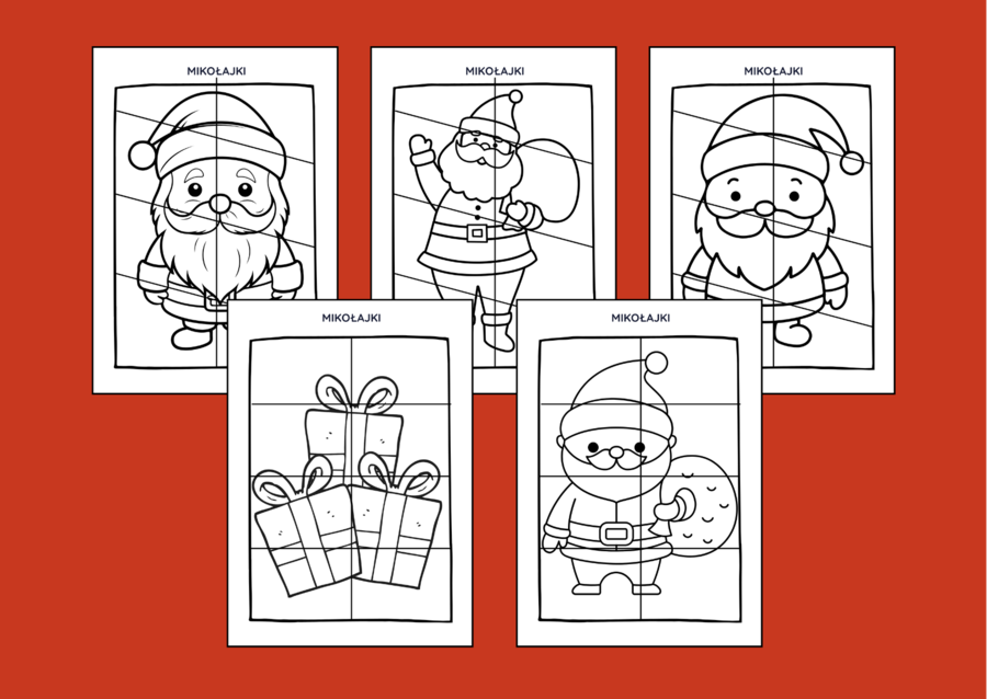 MIKOŁAJKI – Mikołaj – Boże Narodzenie – UKŁADANKA – układanki – puzzle – kolorowanka – 10 szt. biblioteka – świetlica – przedszkole