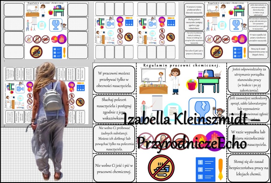 Notatka okienkowa/stacja zadaniowe/notatka interaktywna/notatka graficzna/karta pracy/sketchnotka „Zasady bezpiecznej pracy na lekcjach chemii”, „Regulamin pracowni chemicznej” w pdf. Chemia 7, dział „Substancje”. Materiał wykonany na podstawie podręczni