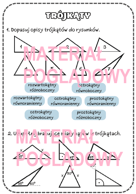 Karta pracy lub kartkówka TRÓJKĄTY kl. 4, 5, 6